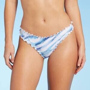 NEW Shade & Shore Ruffle High Leg Extra Cheeky Bikini Bottom Size M Blue Tie-Dye
